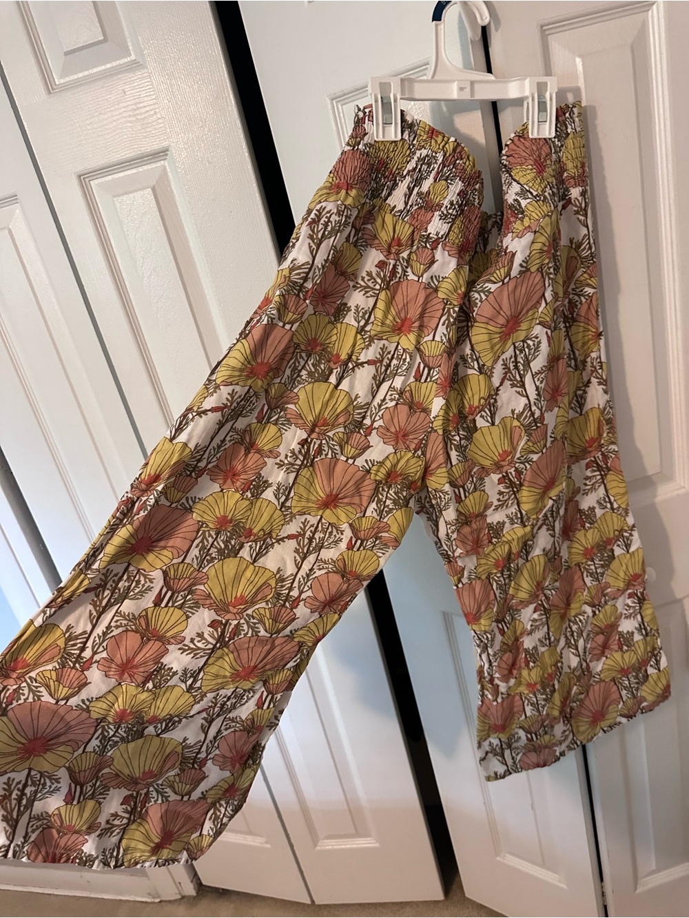 Floral Wide-Leg Women’s Pants with California Poppy Yellow & Peach Print